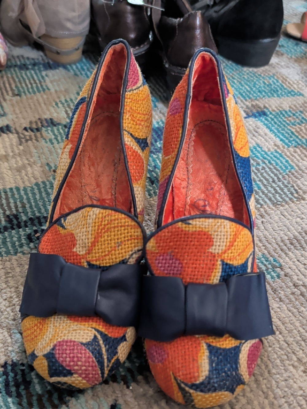 Irregular Choice Navy Floral Bow Heels with Orange and Yellow